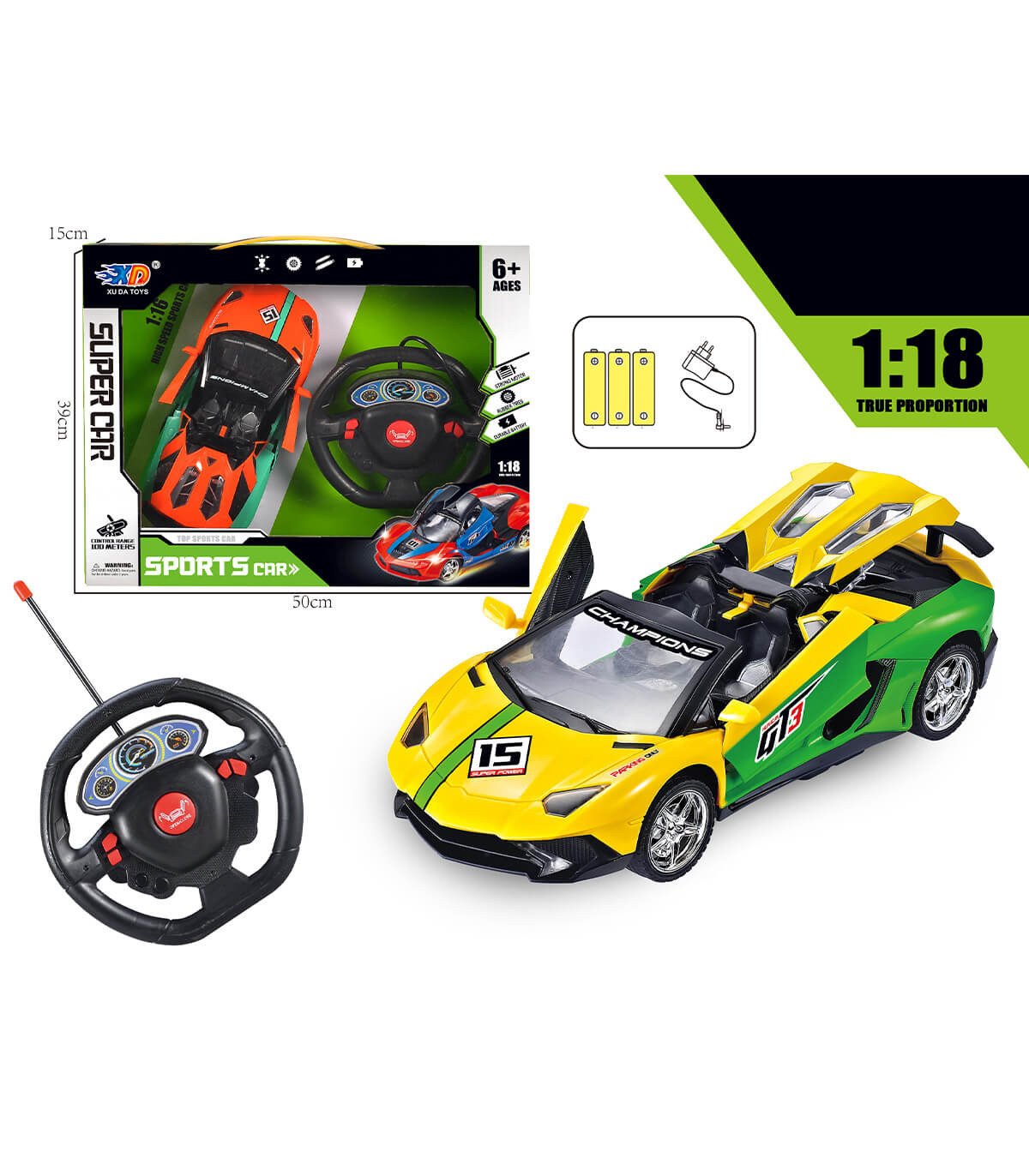 Детска спортна кола 1:18 с дистанционно и зарядно, отварящи се врати, 2 цвята