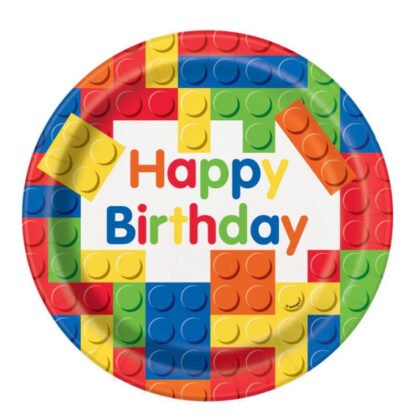 Хартиени чинийки с цветни лего блокове Happy Birthday