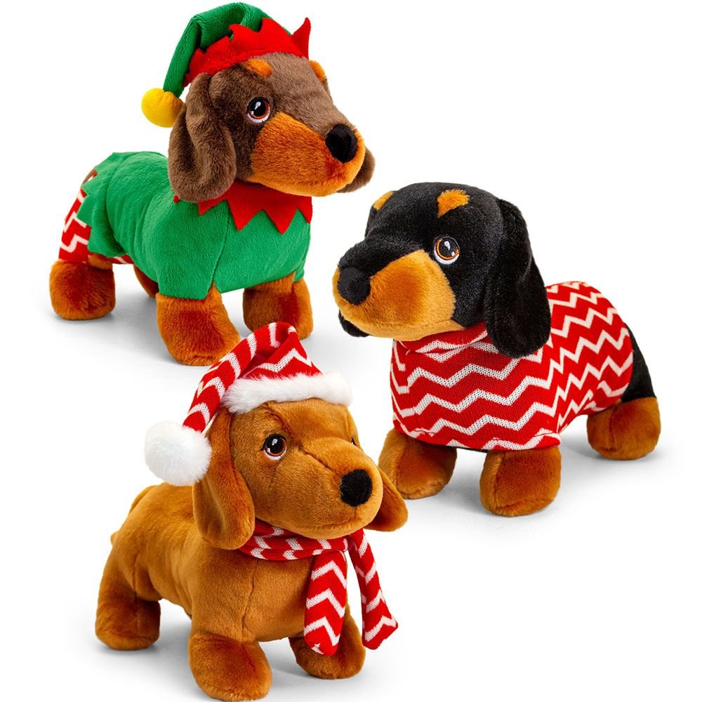 Keel Toys, Куче дакел с коледен костюм, плюшена играчка, 25 см