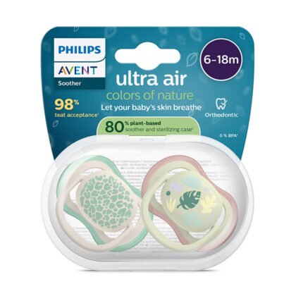 Avent-Залъгалки Ultra Air+стер. кутия (6-18м) дизайн листа, неутрални