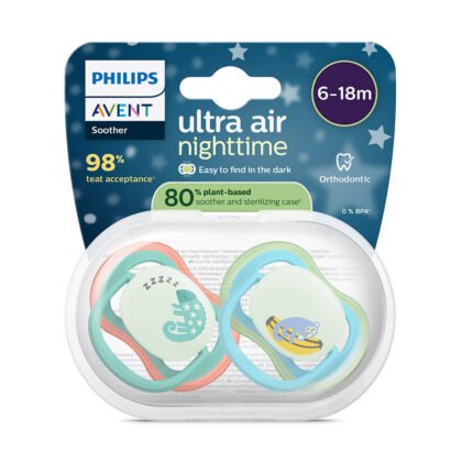 Avent-Залъгалки Ultra Air Night +стер. кутия (6-18м) хамелеон/маймунка, син