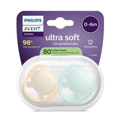 Avent-Залъгалки Ultra Soft+стер.кутия (0-6м) пастелни, жълт/син