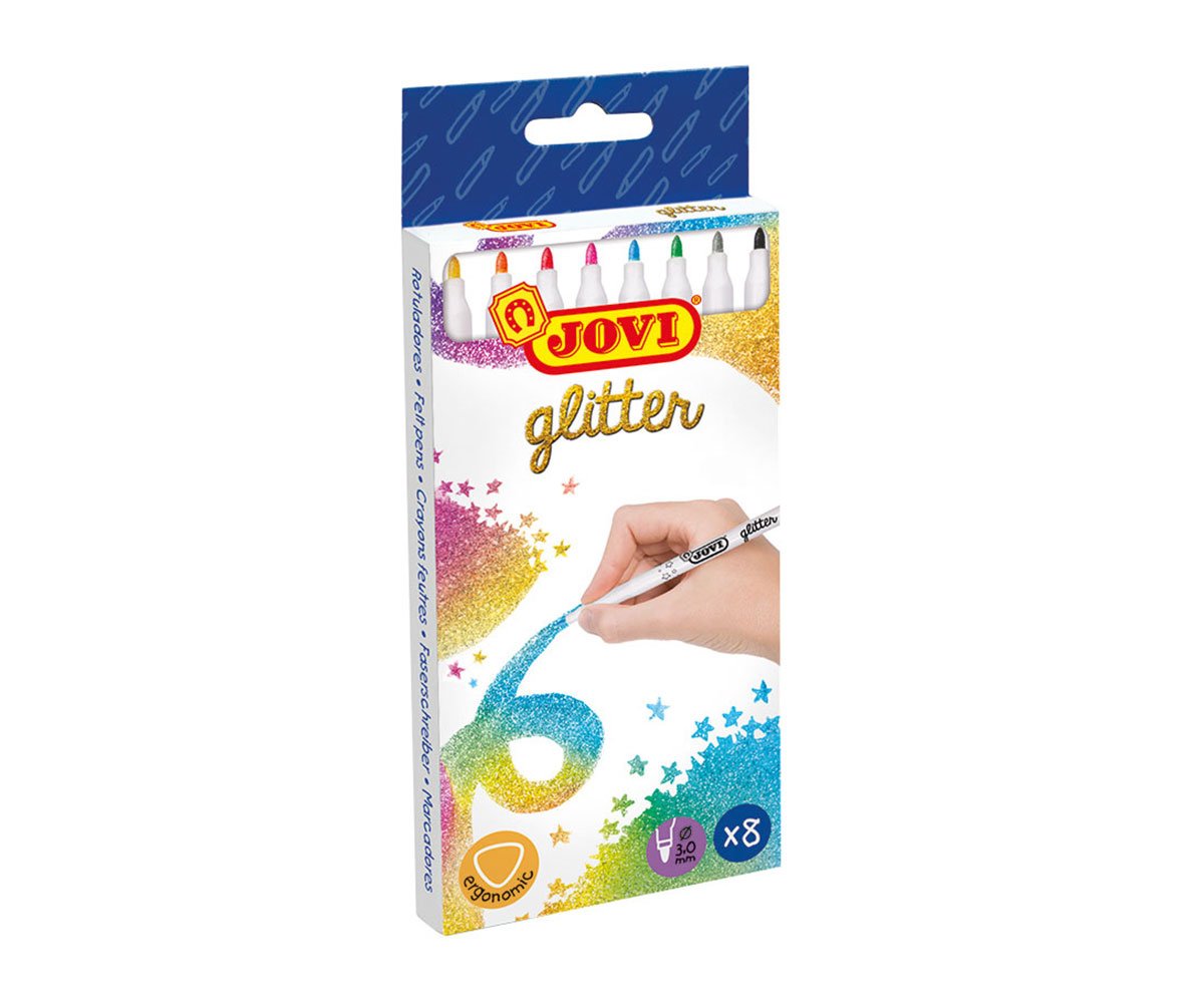 Флумастери Jovi Gliter + подарък, 8 цвята