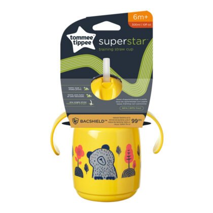 Tommee Tippee-Неразл. се чаша със сламка Superstar с дръжки 300мл 6м+, Bacshield, жълт