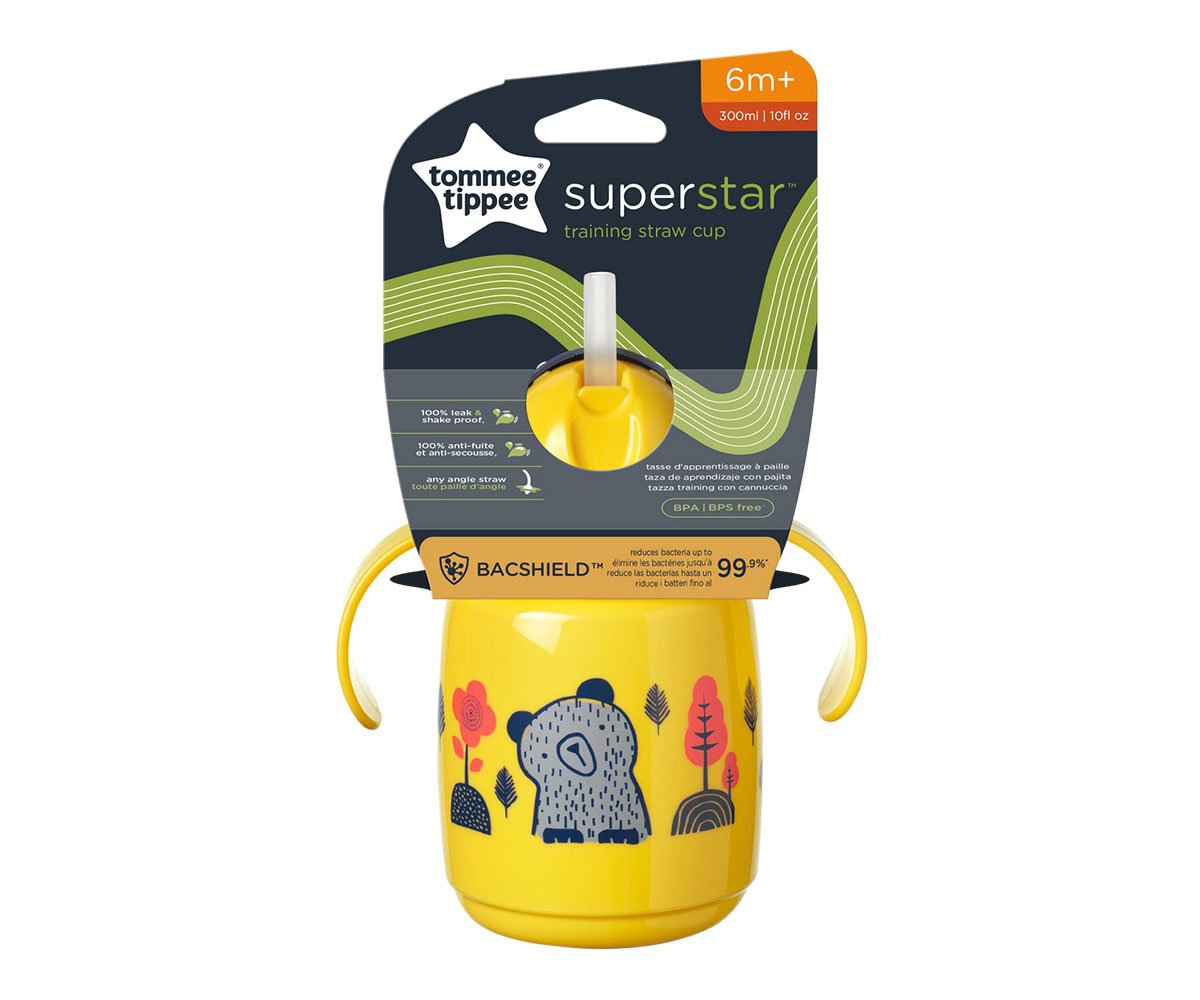 Tommee Tippee-Неразл. се чаша със сламка Superstar с дръжки 300мл 6м+, Bacshield, жълт
