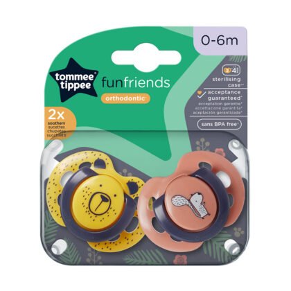 Tommee Tippee-Ортодонтични залъгалки Fun Friends 0-6м 2бр. жълт мече/розова катер