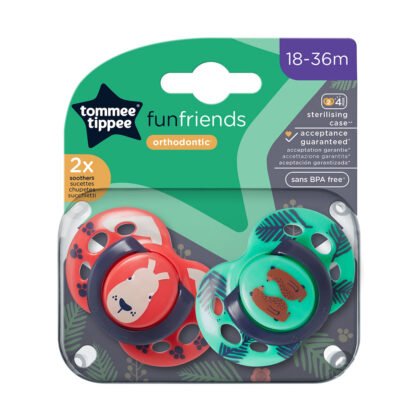 Tommee Tippee ортодонтична залъгалка Fun Friends 18-36м червен заек/зелено мече