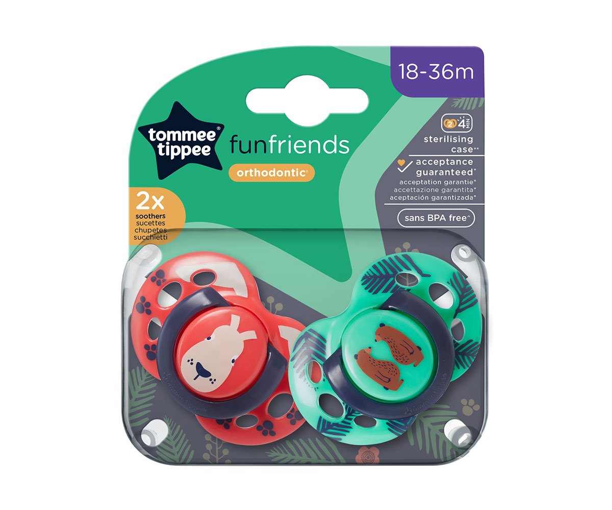 Tommee Tippee ортодонтична залъгалка Fun Friends 18-36м червен заек/зелено мече