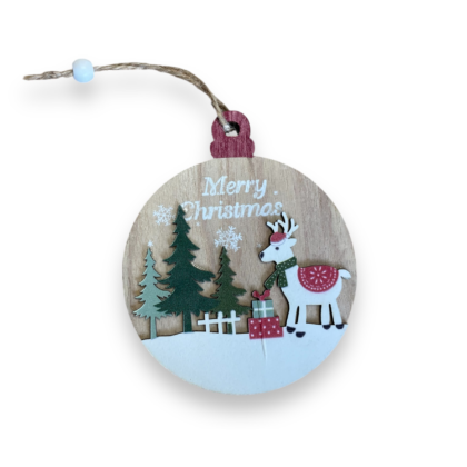 Коледна дървена играчка за закачане - Елен в гората Merry Christmas, 12 см