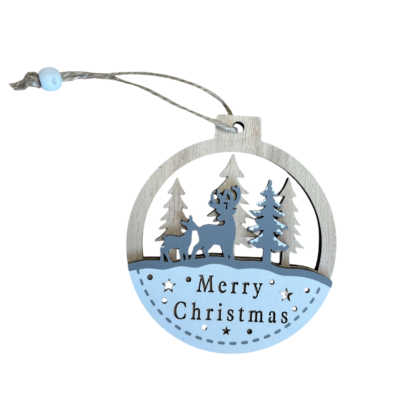 Коледна дървена играчка за закачане - Елени в гората Merry Christmas, 12 см