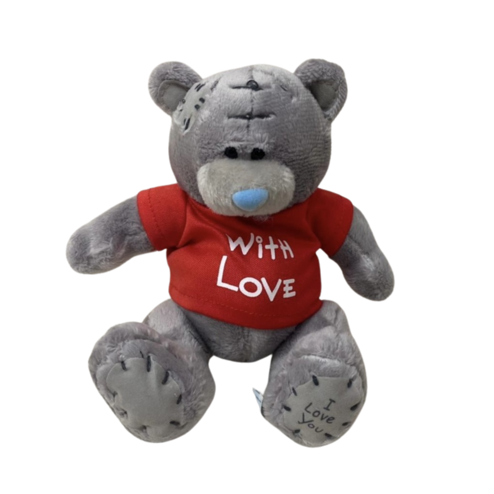 Плюшен ключодържател мече с червена тениска With love, сиво, 11 см