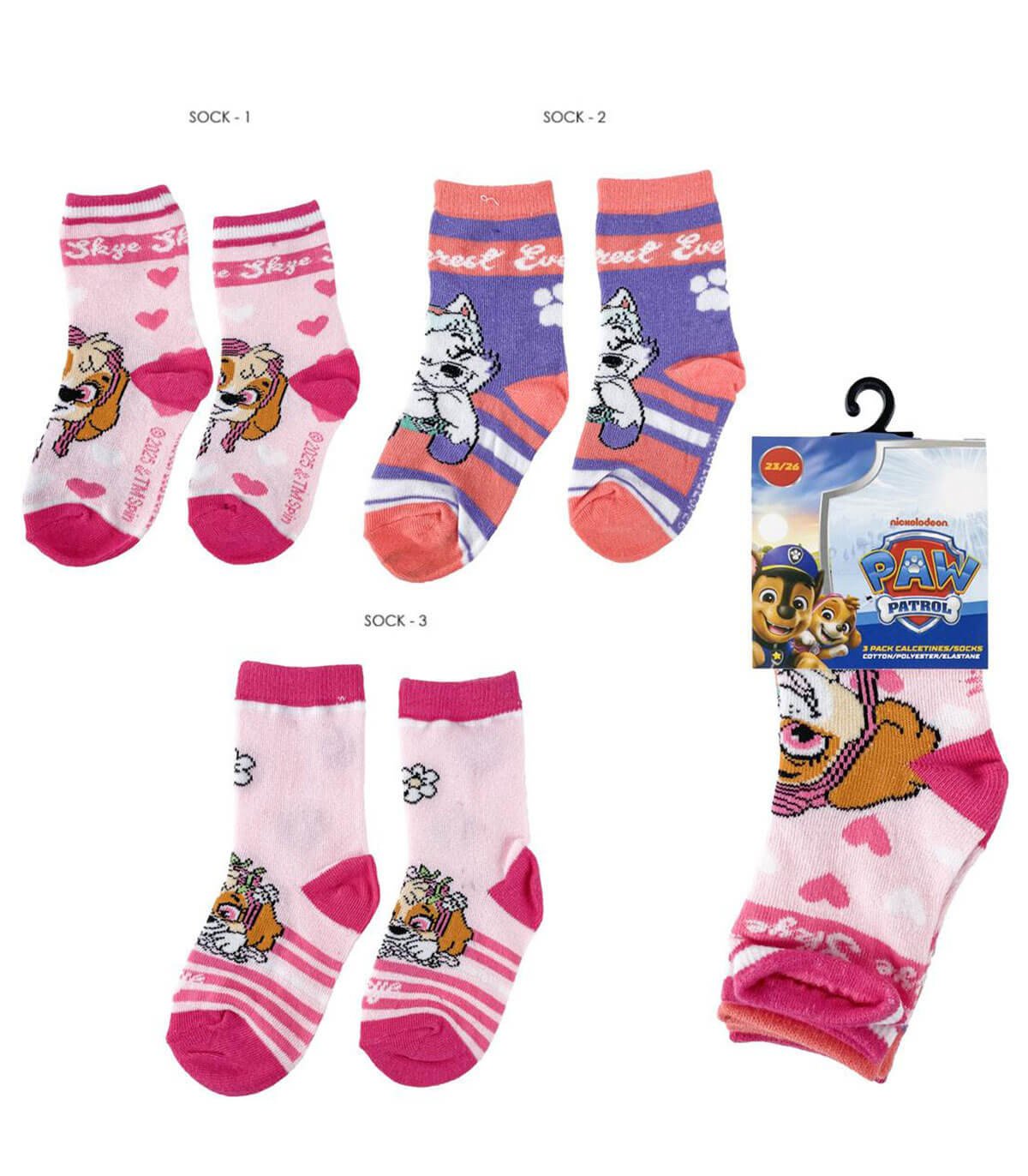 3 бр. детски чорапи paw patrol момиче 23-34